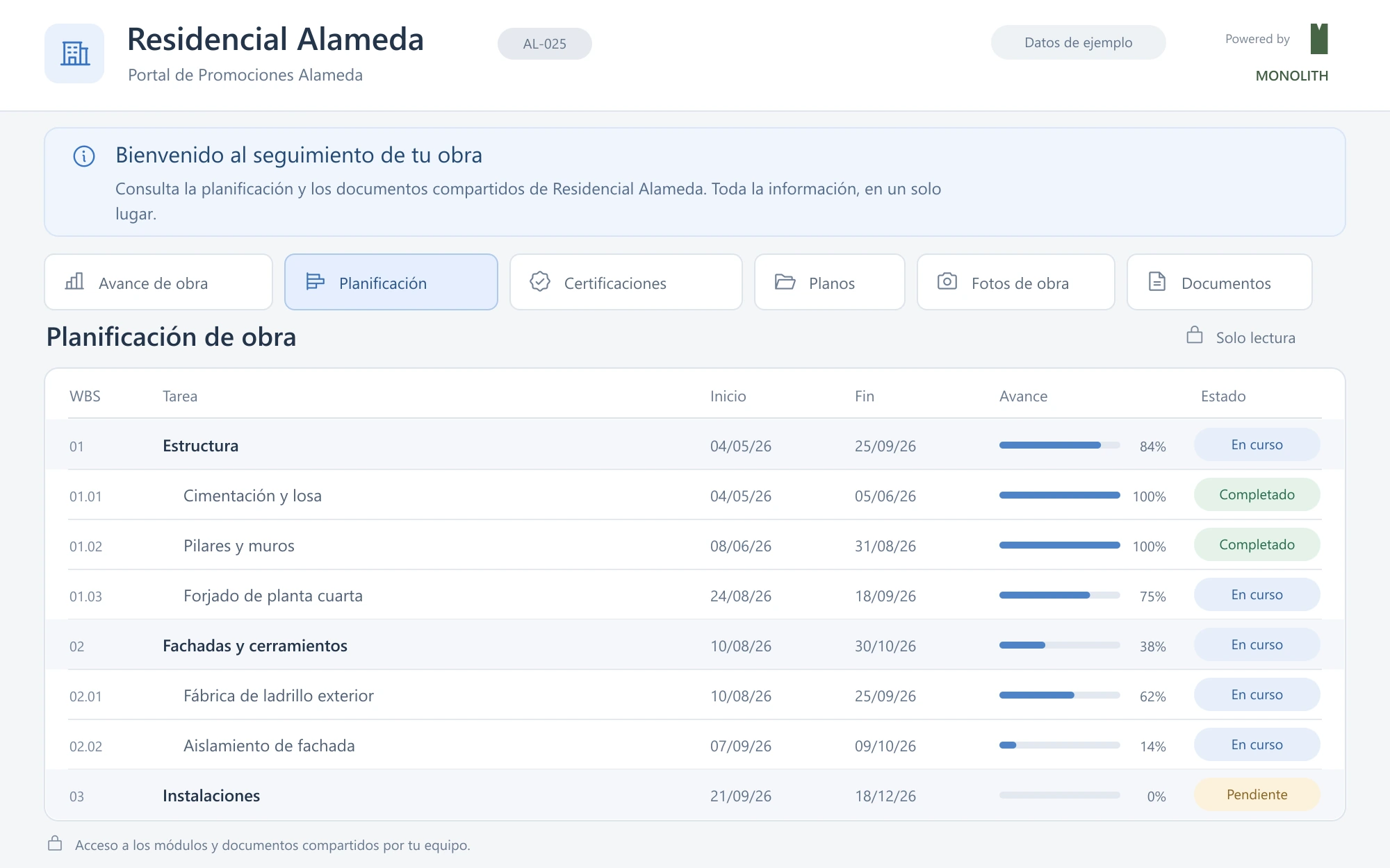 Portal de cliente de Monolith con la planificación compartida. Reconstrucción con datos de ejemplo.