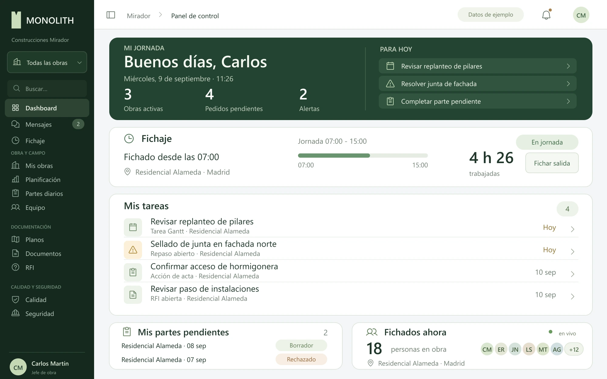 Dashboard de obra de Monolith con fichaje, tareas, partes y equipo. Reconstrucción con datos de ejemplo.