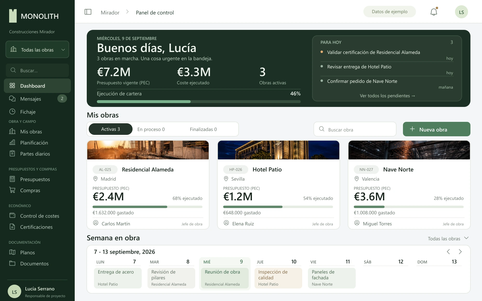 Dashboard de oficina de Monolith con costes, obras y calendario. Reconstrucción con datos de ejemplo.